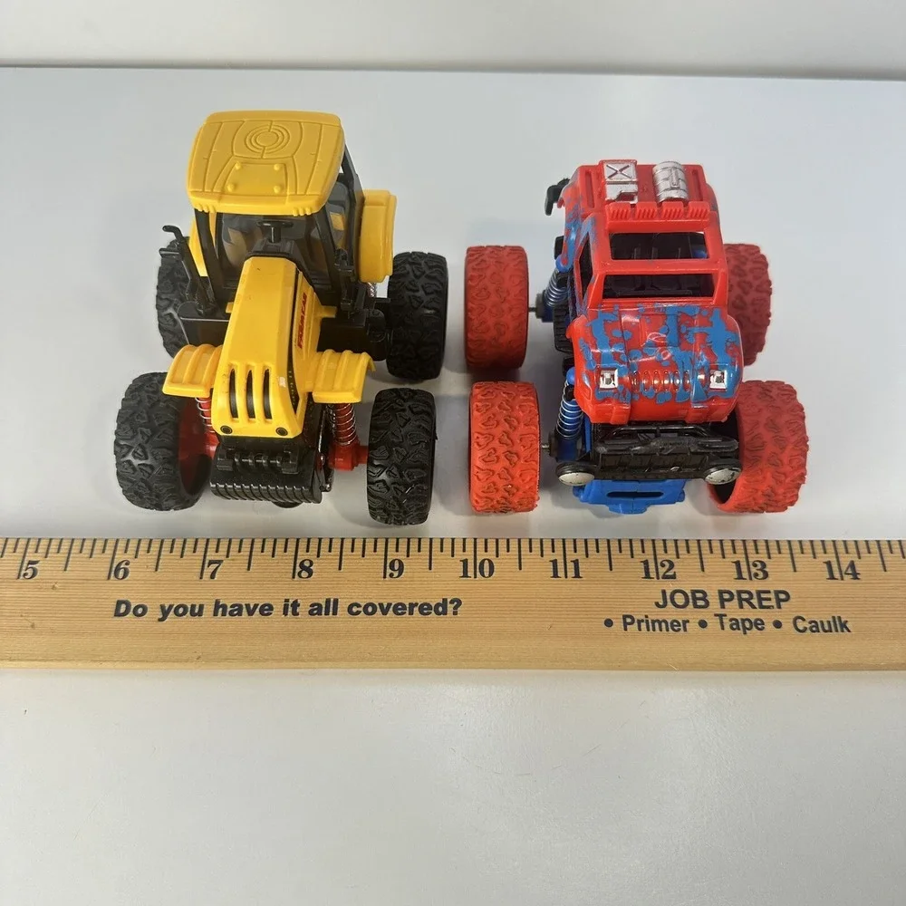 Lot of 4 Friction Propel Cars Push 'n Go Jeep Monster Truck Yellow Tractor Racer
